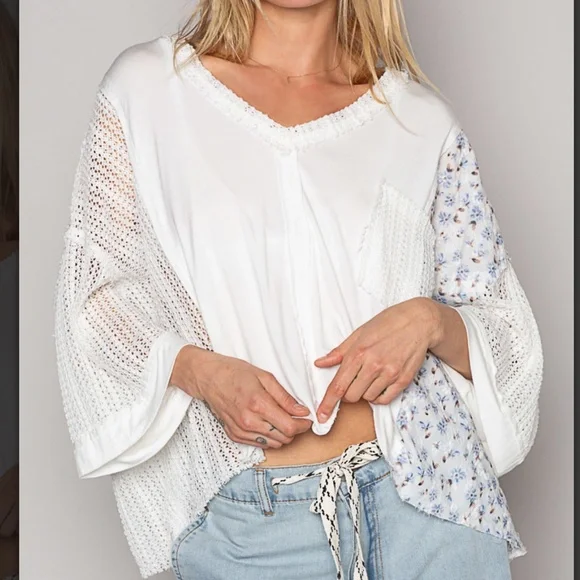 POL V-Neck Crochet Detail Knit Top Women’s Floral Contrast Knit Top BR28 - Picture 3 of 10